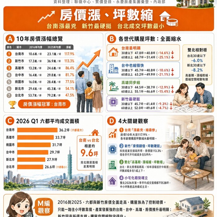 六都及新竹十年房價與購屋坪數變化（2016-2025）