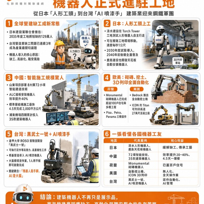 缺工海嘯席捲全球！機器人正式進駐工地 從日本「人形工頭」到台灣「AI噴漆手」，建築業迎來「鋼鐵軍團」