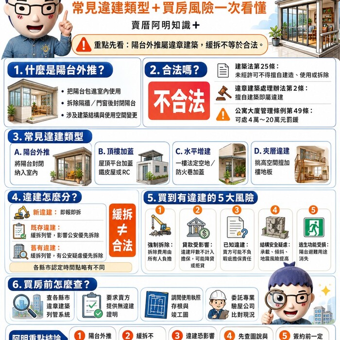 陽台外推合法嗎？常見違建類型＋買房風險一次看懂！