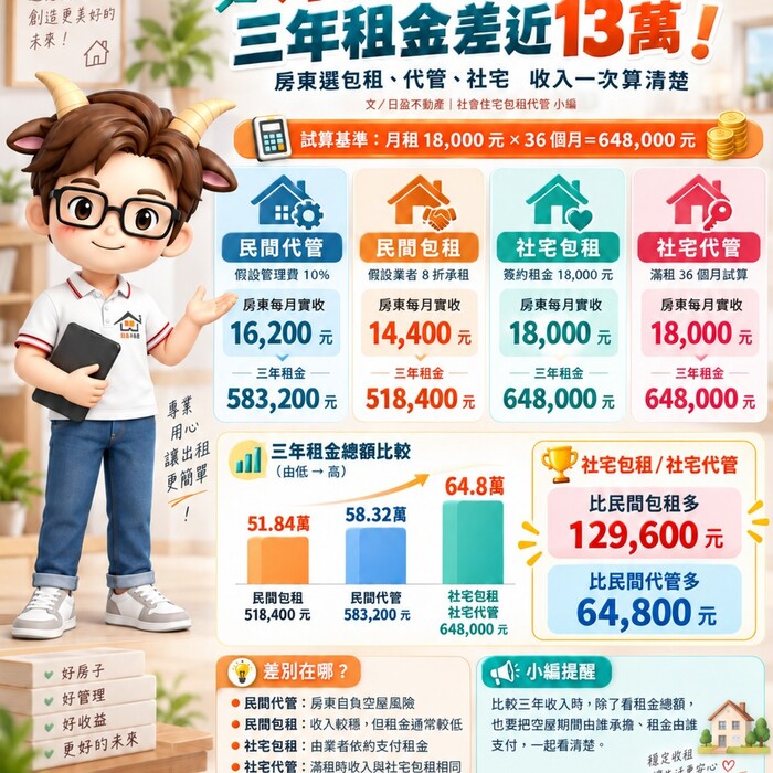 月租1萬8，三年租金差近13萬！房東選包租、代管、社宅　收入一次算清楚