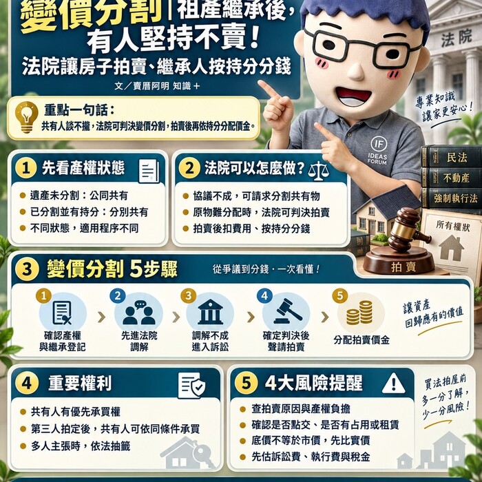 變價分割 | 祖產繼承後，有人堅持不賣！法院讓房子拍賣、繼承人按持分分錢