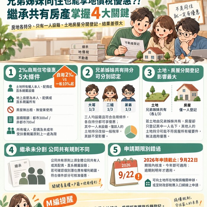 兄弟姊妹同住也能享地價稅優惠?！繼承共有房產掌握4大關鍵