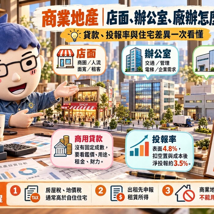 商業地產｜店面、辦公室、廠辦怎麼買？貸款、投報率與住宅差異一次看懂