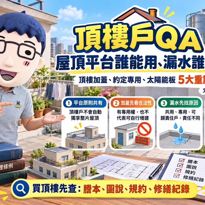 頂樓戶QA｜屋頂平台誰能用、漏水誰出錢？頂樓加蓋、約定專用、太陽能板5大重點一次看