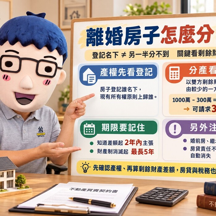 離婚房子登記誰名下就歸誰！婚後財產差額可分一半　阿明試算350萬分配與2大請求期限