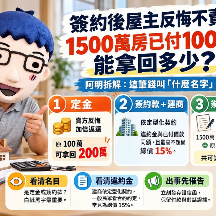 簽約後屋主反悔不賣！1500萬房已付100萬，能拿回多少？專家拆解：這筆錢叫「什麼名字」差很大！