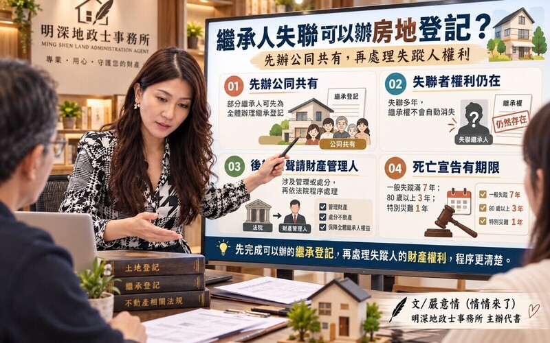 繼承人失聯可以辦房地登記 ? 情情：先辦公同共有，再處理失蹤人權利