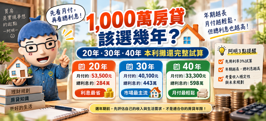 1,000萬房貸該選幾年？20年、30年、40年本利攤還試算懶人包